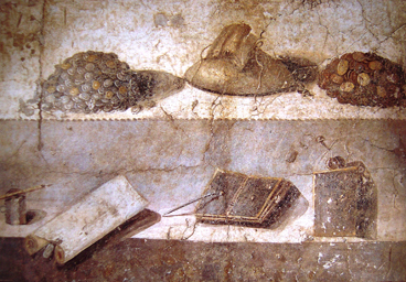Naples, National Archaeological Museum. Painting with writing instruments (wax tablets, inkwell with pen, papyrus roll). From Pompeii, House of Giulia Felice. Inv. 8598. ©SSBAN