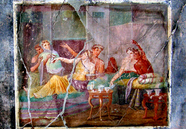 House of the Chaste Lovers. Triclinium (west wall). The effects of drinking. Painting with a banquet scene. ©SSBAPES