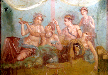 House of the Chaste Lovers. Triclinium (east wall). The effects of drinking. Painting with a banquet scene. ©SSBAPES