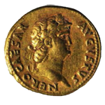 NERO CAESAR AVGVSTVS Testa laureata di Nerone a d.; c.p.