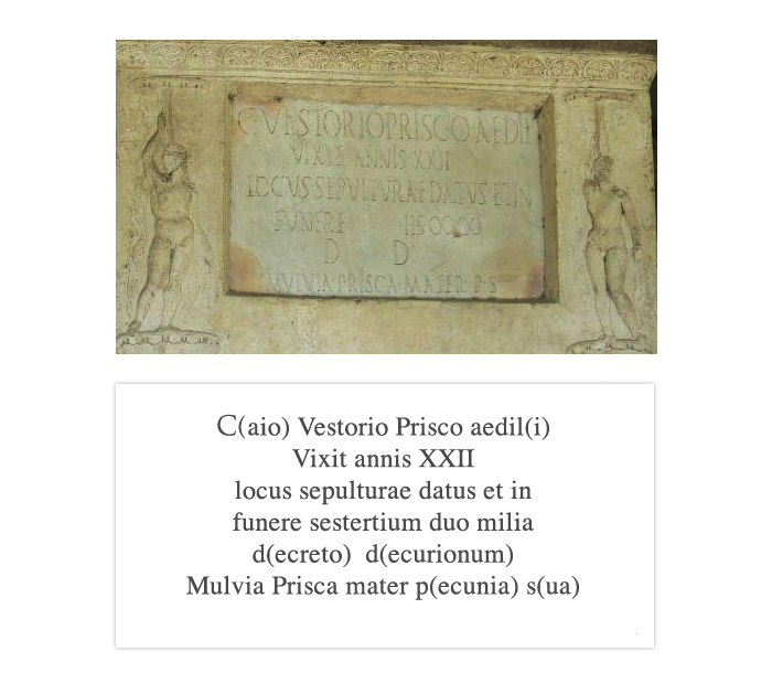 TOMBA DI VESTORIO PRISCO. Iscrizione funeraria. ©SSBAPES TOMBA DI VESTORIO PRISCO. Iscrizione funeraria. ©SSBAPES