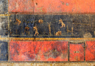 CASA DEI VETTII, TRICLINIO (PARETE EST). Fregio pittorico con scena di vendemmia. ©SSBAPES